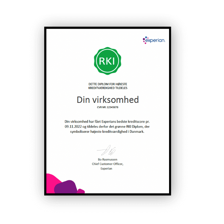 RKI Rating diplom til at vise frem på kontoret eller digitalt